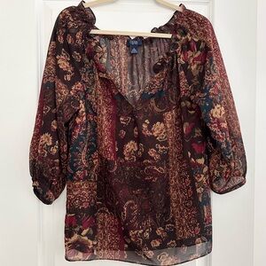 Ralph Lauren Chaps Paisley & Floral Patchwork Sheer Fall Blouse